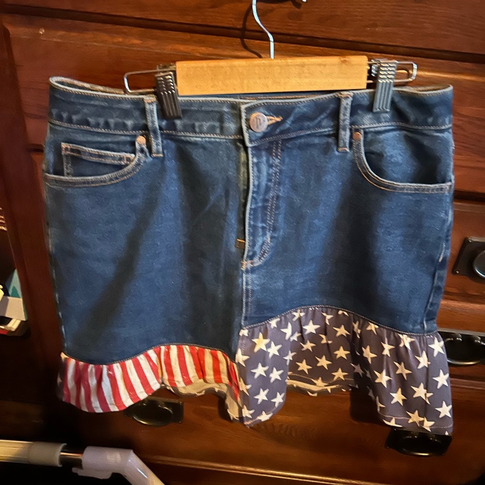 Denim Mini Skirt with American Flag Ruffle